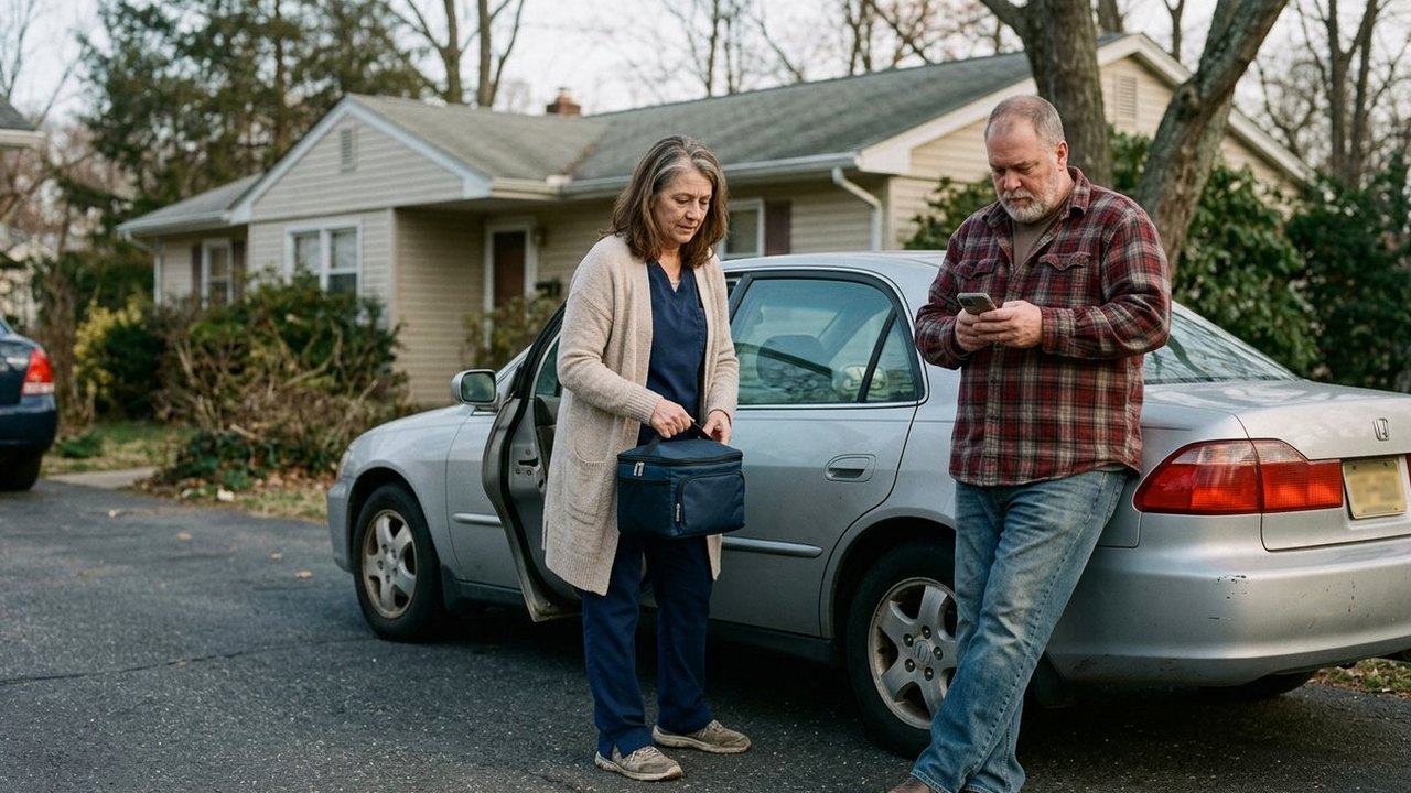Nurse in scrubs unloading car while husband reads phone in driveway