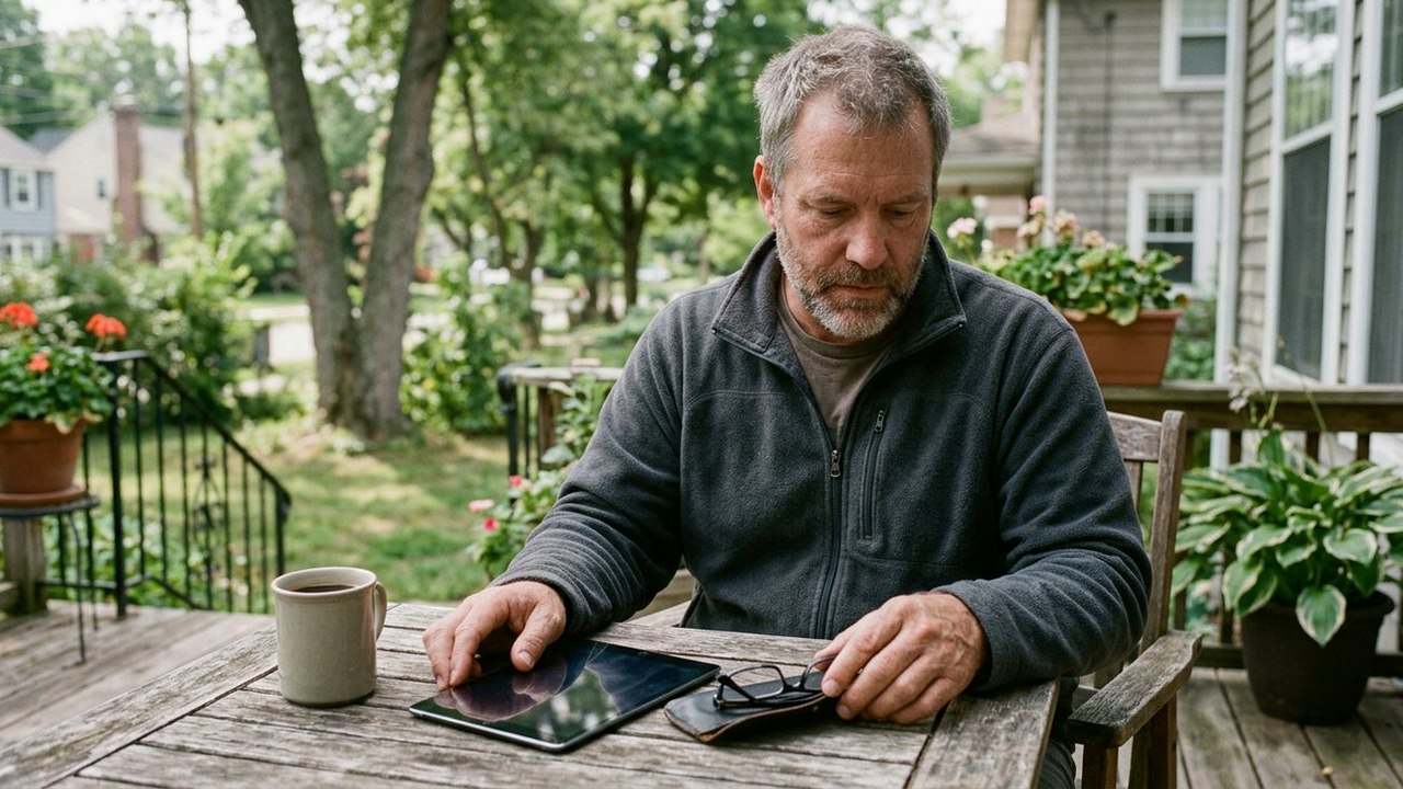 Nurse in his late forties folding reading glasses at porch table