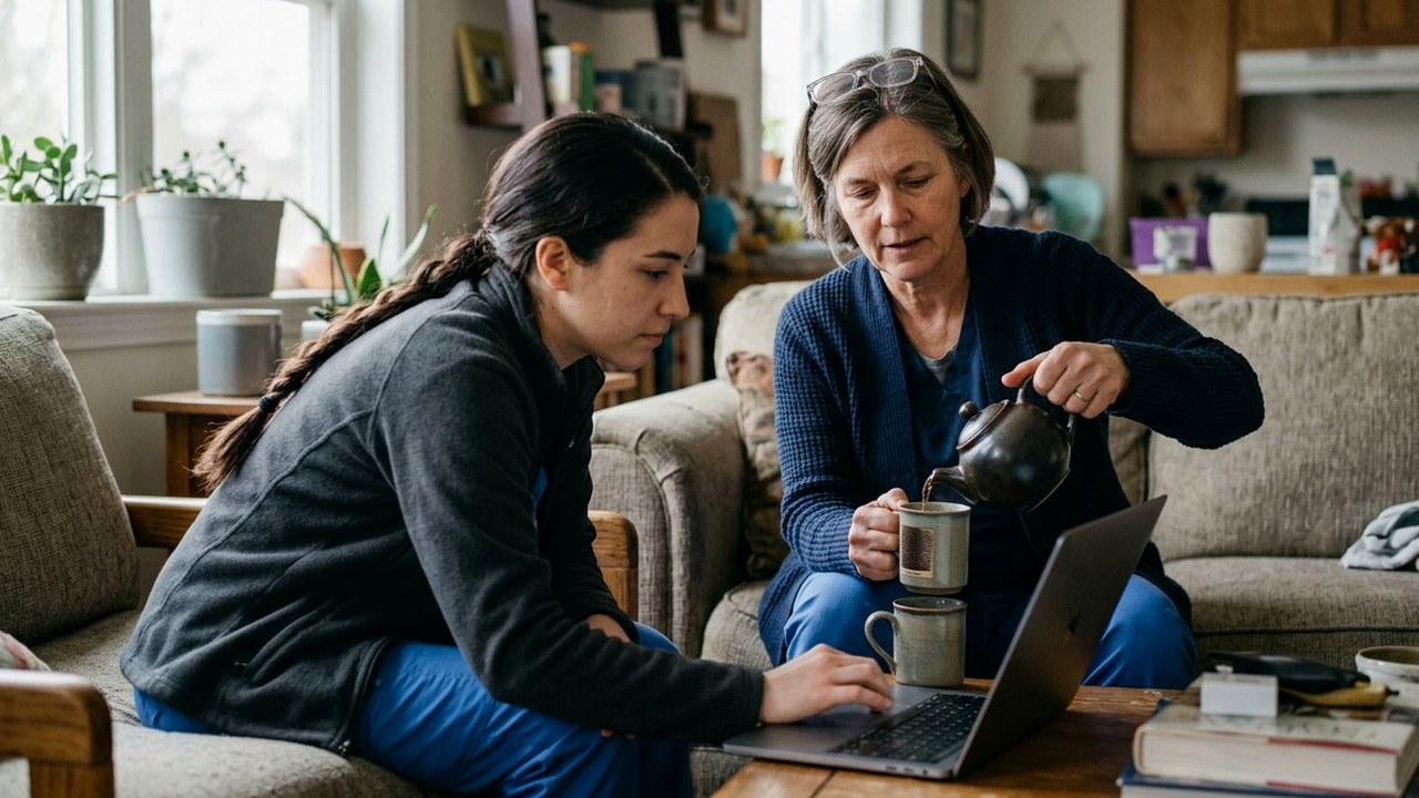 Two nurses on a sofa, one pouring tea beside a laptop