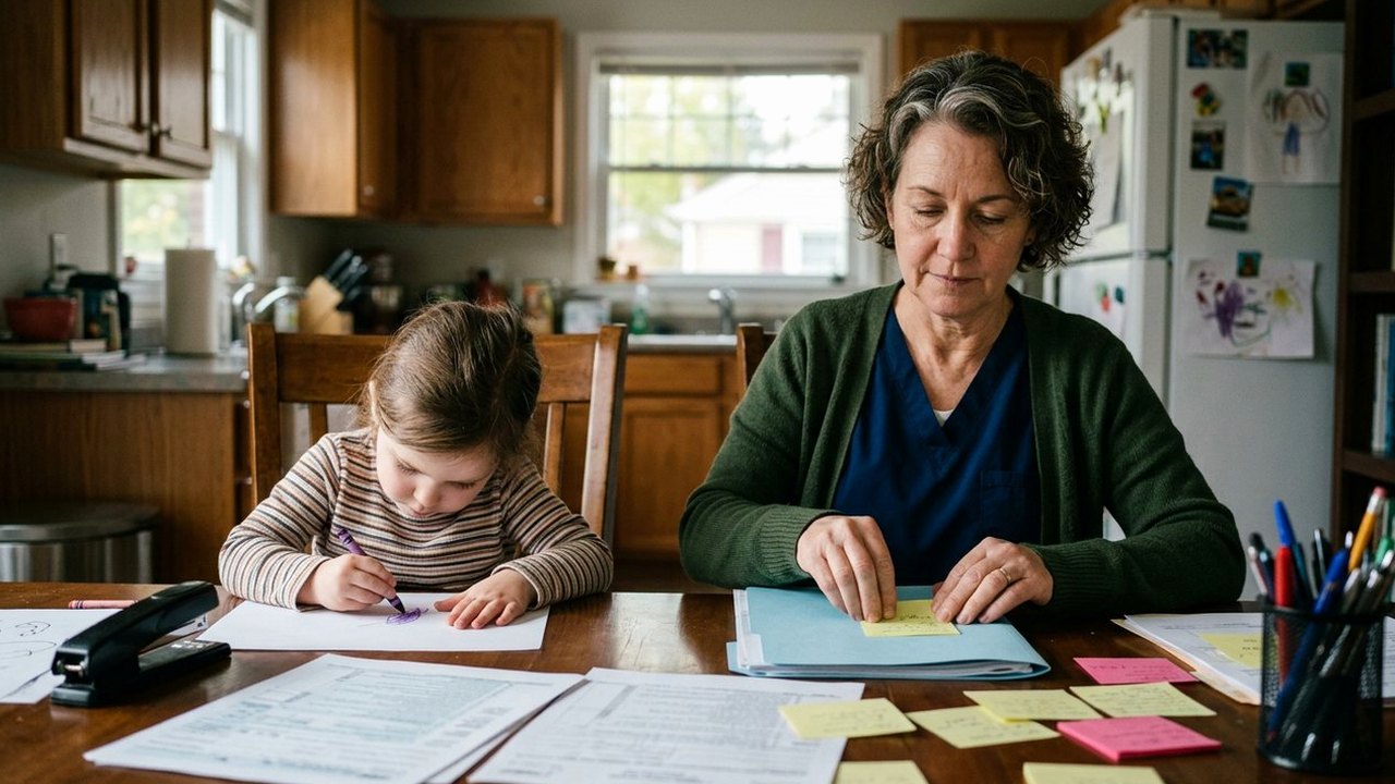 Nurse and granddaughter at a dining table covered in tax papers
