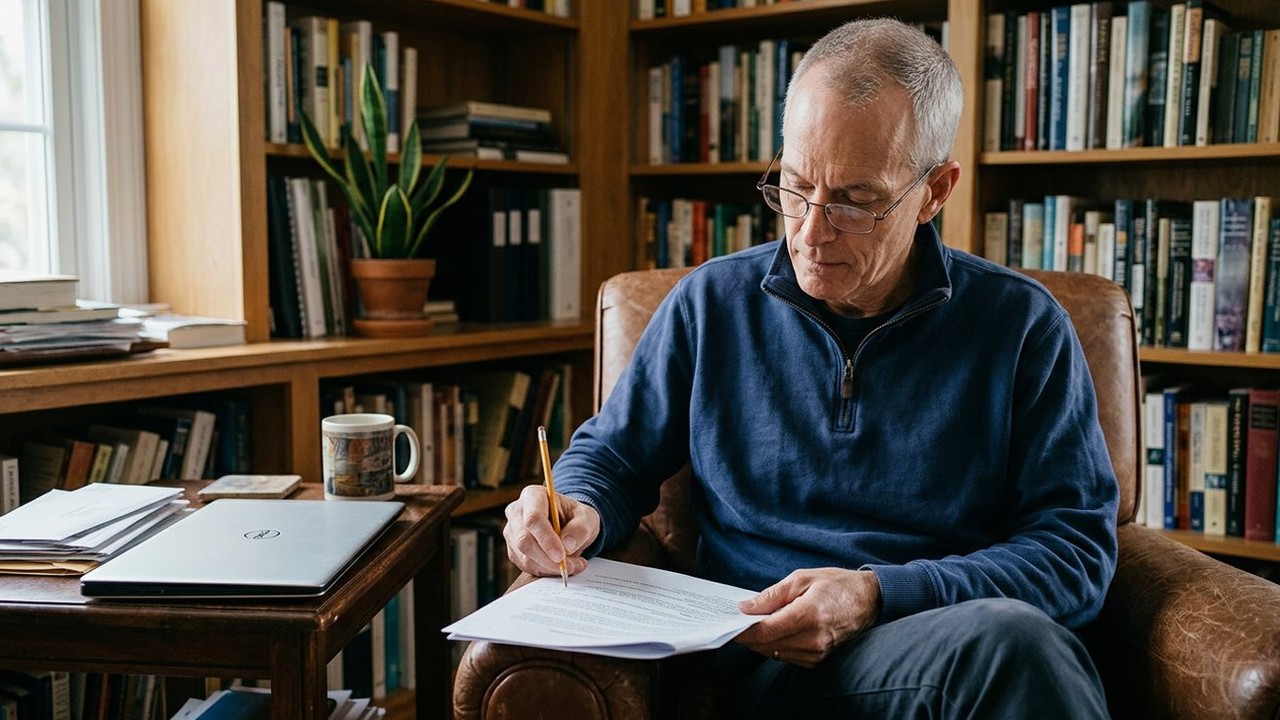 Man in his fifties marking a printed report in home library