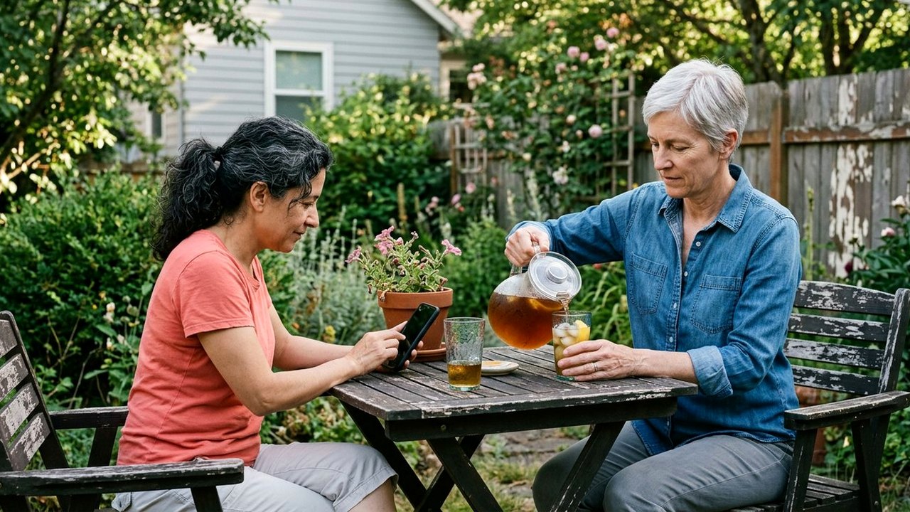 Two friends at a garden table pouring iced tea beside a phone