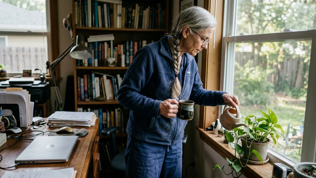 Woman in scrub pants waters a plant beside her home-office laptop