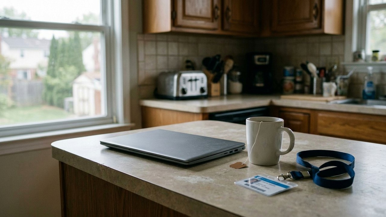 Kitchen counter with closed laptop, mug of tea and hospital badge