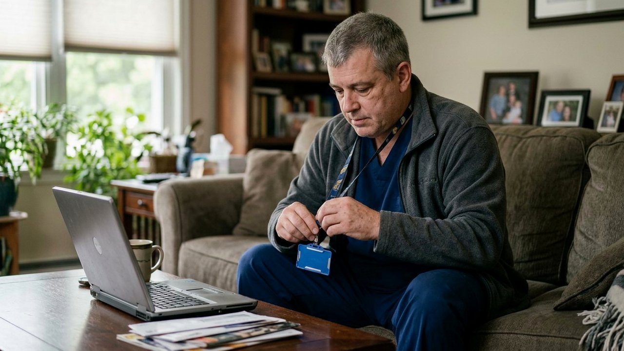 Man in scrubs unclipping hospital ID badge beside laptop in living room