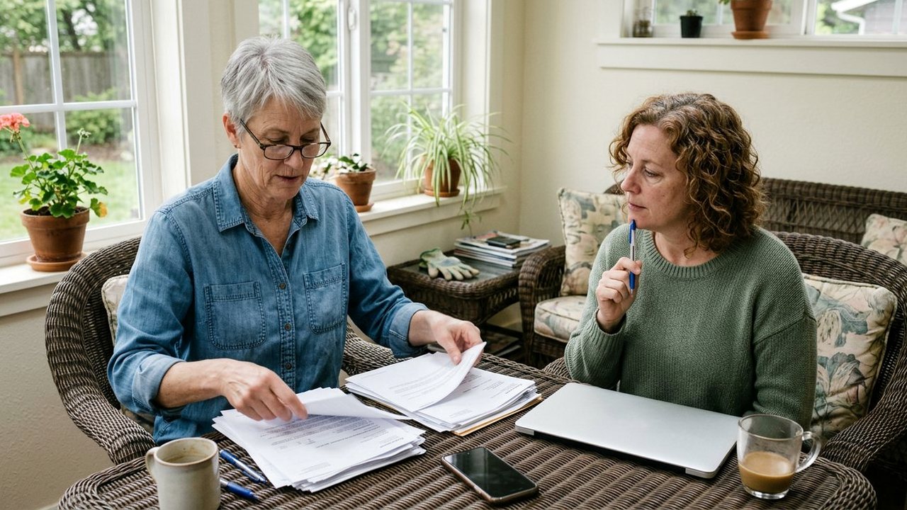 Two friends sorting a stack of statements in a sunroom