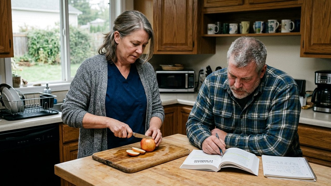 Nurse in scrubs slicing an apple beside husband reading a book
