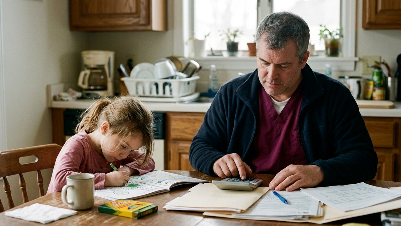 Nurse with calculator and folders at kitchen table beside granddaughter