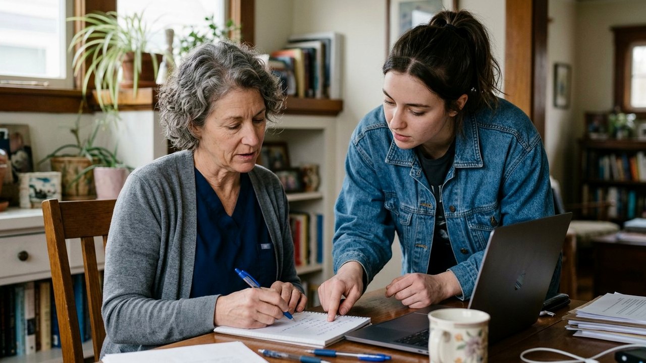 Nurse and adult daughter crossing items off a notepad at desk